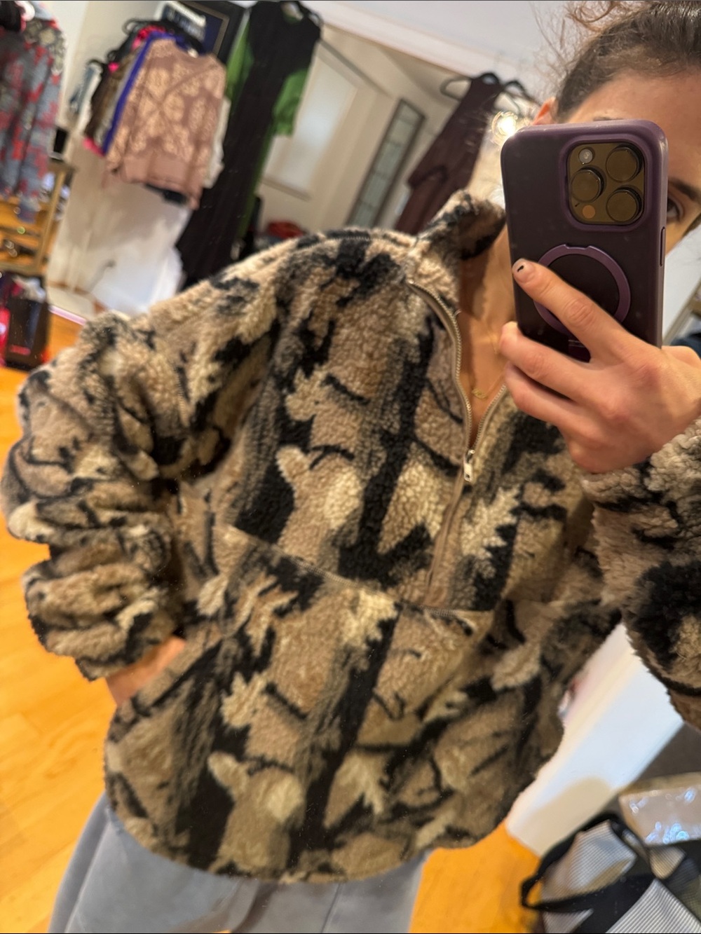 BDG oversized 1/2 zip camo shearling pullover